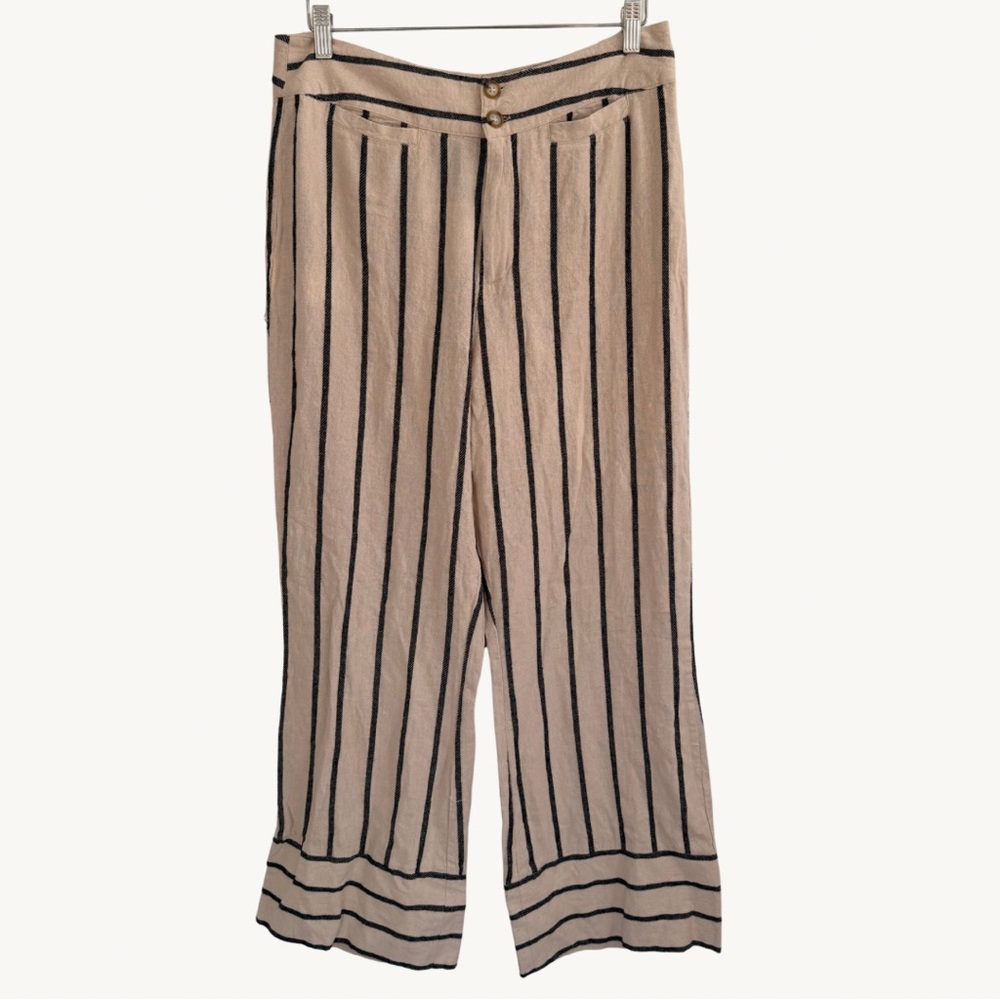 Tahari Beige Wide-Leg Pants with Black Stripes